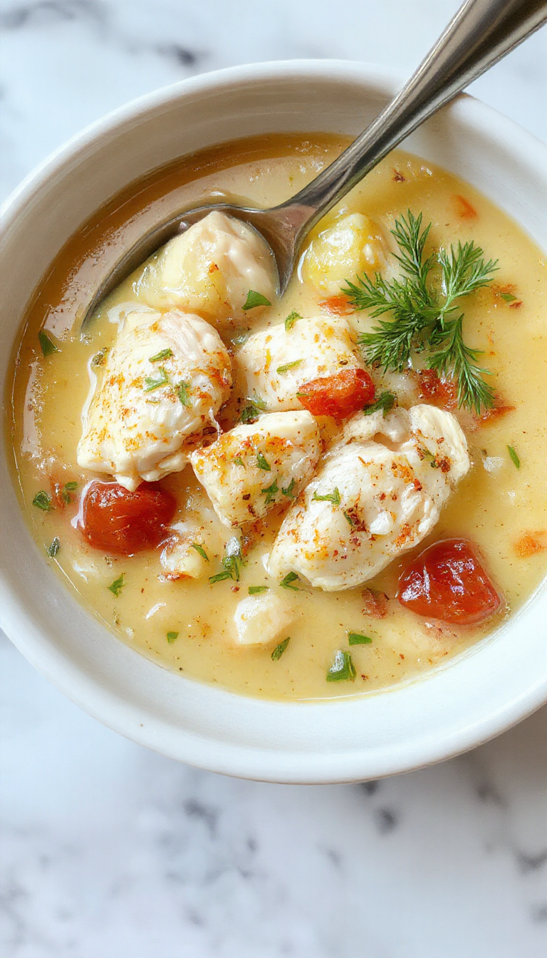 A warm, inviting bowl of Greek Lemon Chicken Soup featuring shredded chicken, bright yellow lemon slices, fresh herbs, and a light broth garnished with parsley on a rustic wooden table.