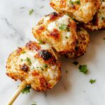 Succulent grilled chicken skewers glazed with a creamy ranch garlic parmesan sauce, arranged on a rustic wooden platter with fresh herbs and lemon wedges, showcasing a golden-brown char and tender interior, garnished with chopped parsley and grated parmesan cheese.