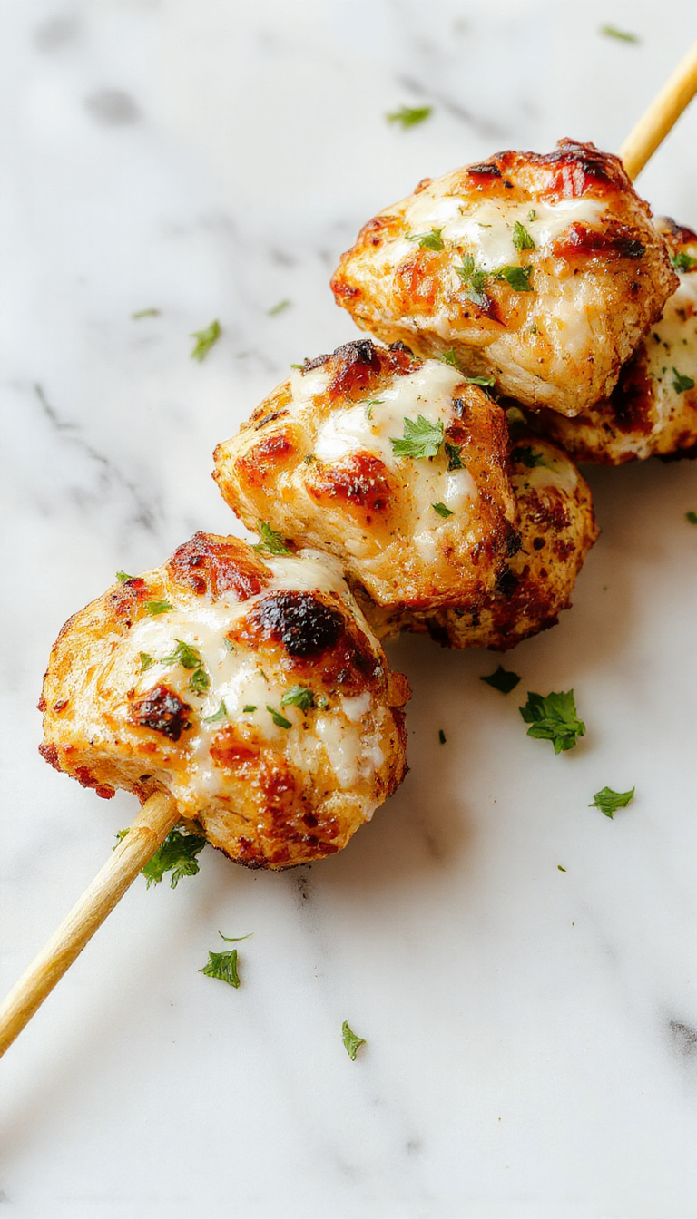 Succulent grilled chicken skewers glazed with a creamy ranch garlic parmesan sauce, arranged on a rustic wooden platter with fresh herbs and lemon wedges, showcasing a golden-brown char and tender interior, garnished with chopped parsley and grated parmesan cheese.