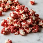 A spooky bowl of blood-red velvet popcorn topped with a drizzle of dark red syrup, garnished with gummy worms and edible blood splatters, on a black slate board