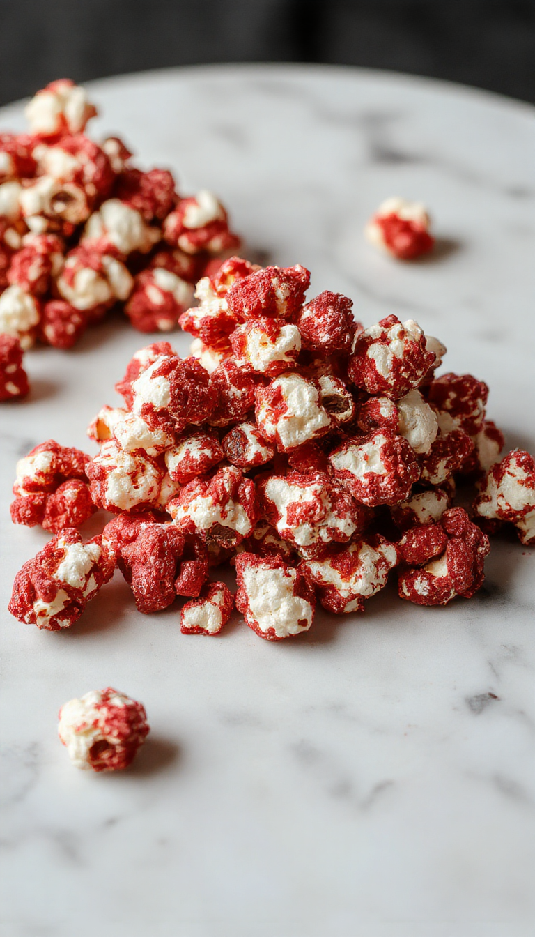A spooky bowl of blood-red velvet popcorn topped with a drizzle of dark red syrup, garnished with gummy worms and edible blood splatters, on a black slate board