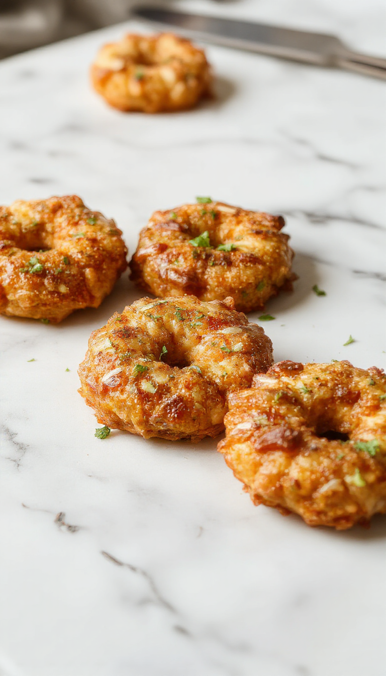 Golden-brown apple fritters glazed with a shiny sugar coating, crispy on the outside with visible apple pieces inside, arranged on a white plate garnished with cinnamon sticks and fresh apple slices, set against a rustic wooden background.