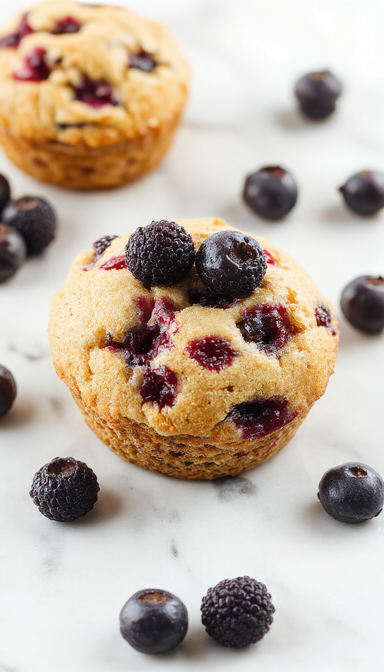 A close-up of a golden-brown blueberry protein muffin topped with fresh blueberries and a light dusting of powdered sugar, placed on a rustic wooden plate with a few blueberries scattered around. The muffin's texture is moist and fluffy, with visible bursts of juicy blueberries and a slightly cracked crust revealing its soft interior.