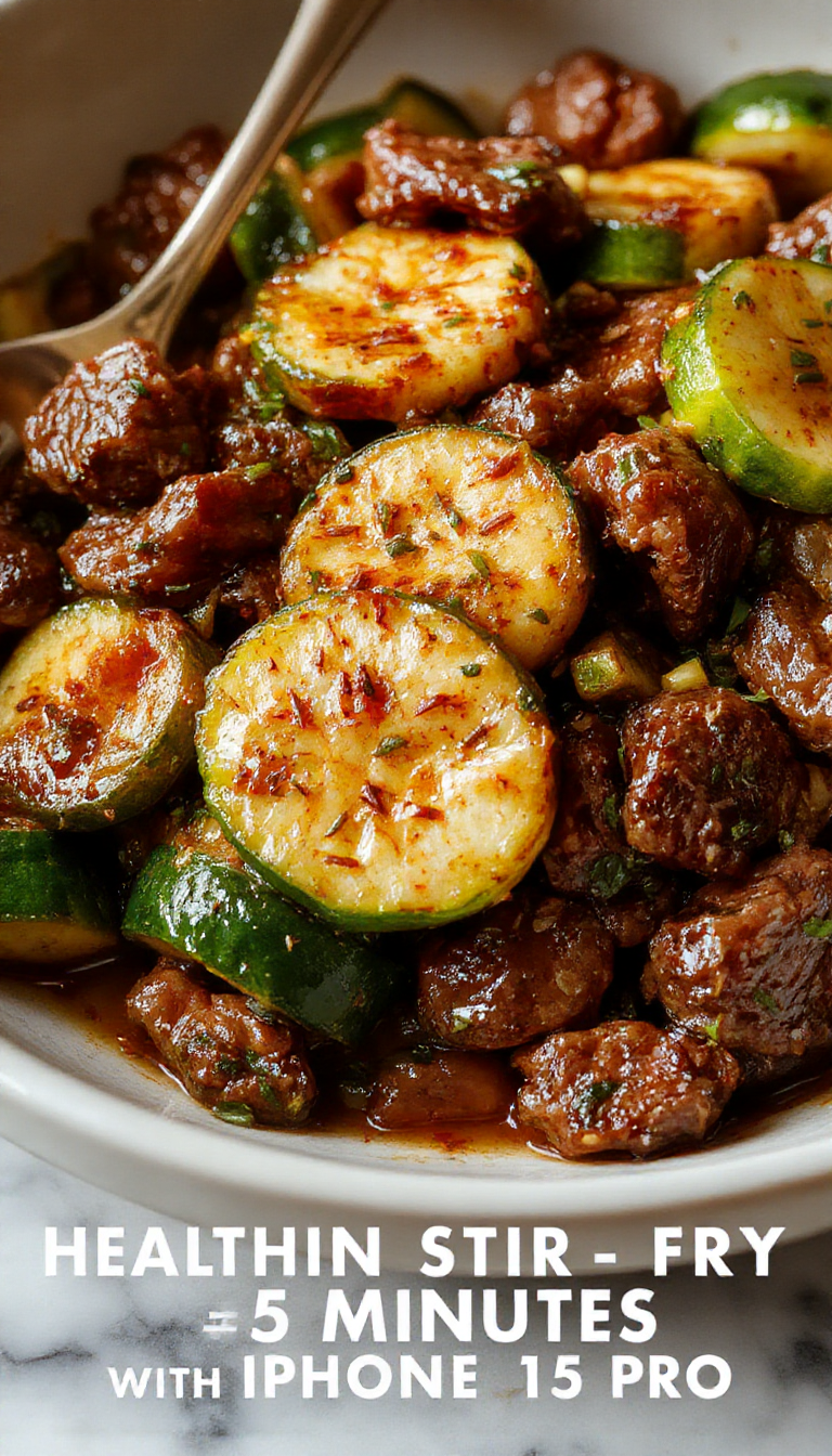A vibrant zucchini beef stir-fry served in a white bowl, featuring thin slices of beef and julienned zucchini coated in a glossy sauce, garnished with chopped scallions and sesame seeds, with colorful vegetables in the background.