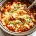 A rustic ceramic casserole dish filled with shredded chicken, vibrant red and green enchilada sauce, melted cheese topping, garnished with fresh cilantro, served on a wooden table with warm ambient lighting, steam rising subtly from the dish.