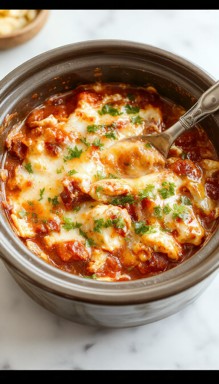 A rustic ceramic casserole dish filled with shredded chicken, vibrant red and green enchilada sauce, melted cheese topping, garnished with fresh cilantro, served on a wooden table with warm ambient lighting, steam rising subtly from the dish.