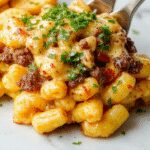 A close-up of a creamy, cheesy mac and cheese loaded with slices of tender, sautéed beef and vibrant green herbs, served in a rustic bowl with a golden crust on top, garnished with fresh herbs and sprinkled with grated cheese, with steam gently rising from the dish