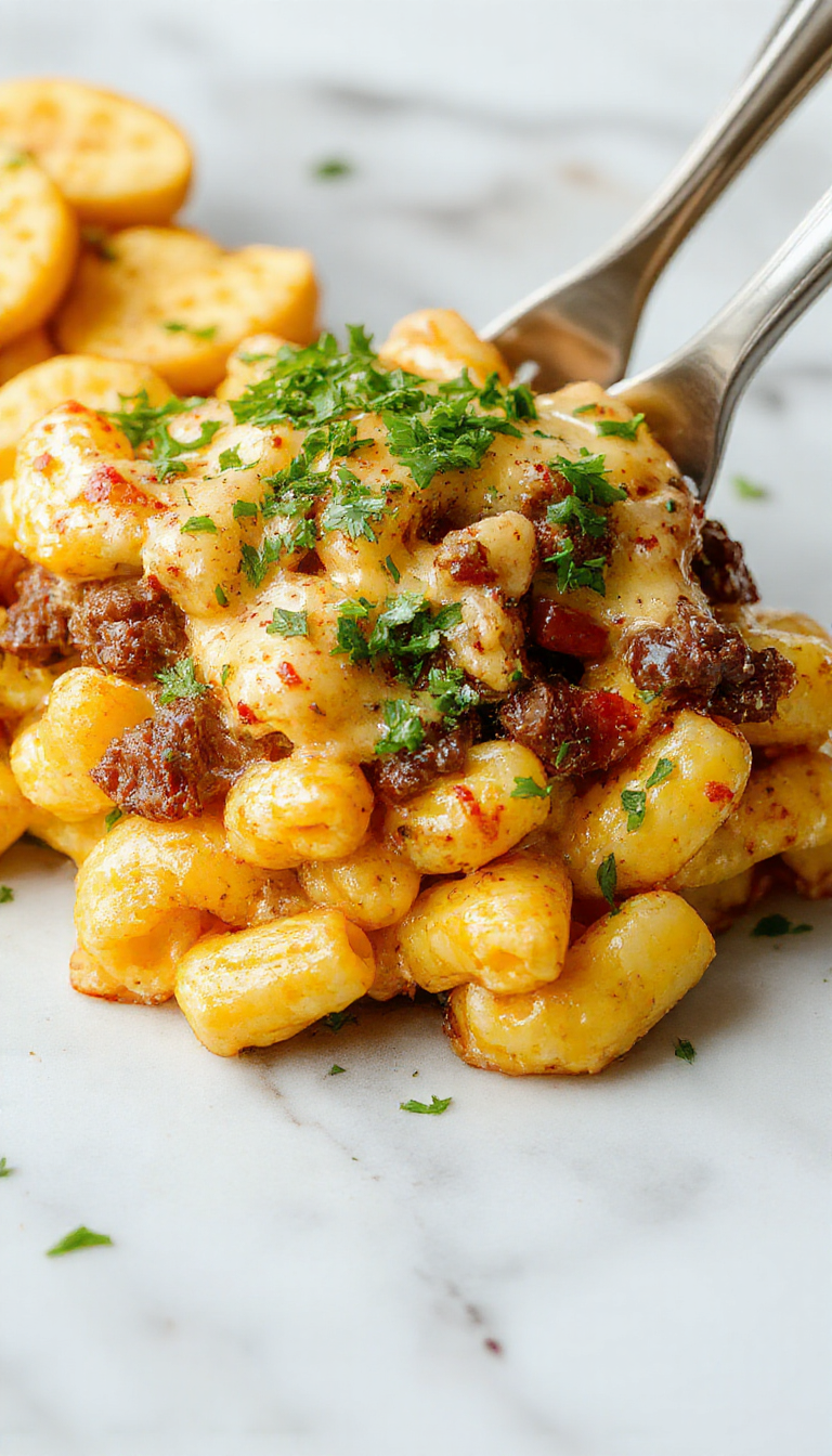 A close-up of a creamy, cheesy mac and cheese loaded with slices of tender, sautéed beef and vibrant green herbs, served in a rustic bowl with a golden crust on top, garnished with fresh herbs and sprinkled with grated cheese, with steam gently rising from the dish