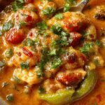 A vibrant bowl of stuffed pepper soup garnished with fresh herbs, featuring colorful bell peppers, ground meat, and rice in a rich broth, served with a sprig of parsley on a rustic wooden table.