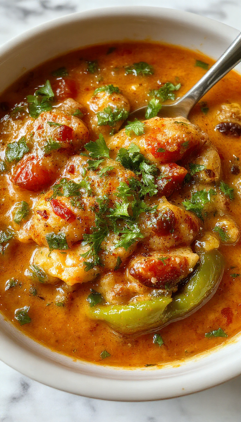 A vibrant bowl of stuffed pepper soup garnished with fresh herbs, featuring colorful bell peppers, ground meat, and rice in a rich broth, served with a sprig of parsley on a rustic wooden table.
