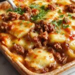 A rustic casserole dish filled with a golden-brown topping and savory chunks of ground beef and tender potatoes, garnished with fresh herbs. The dish is plated on a wooden surface, showcasing its hearty and comforting appearance with steam rising from the hot surface.