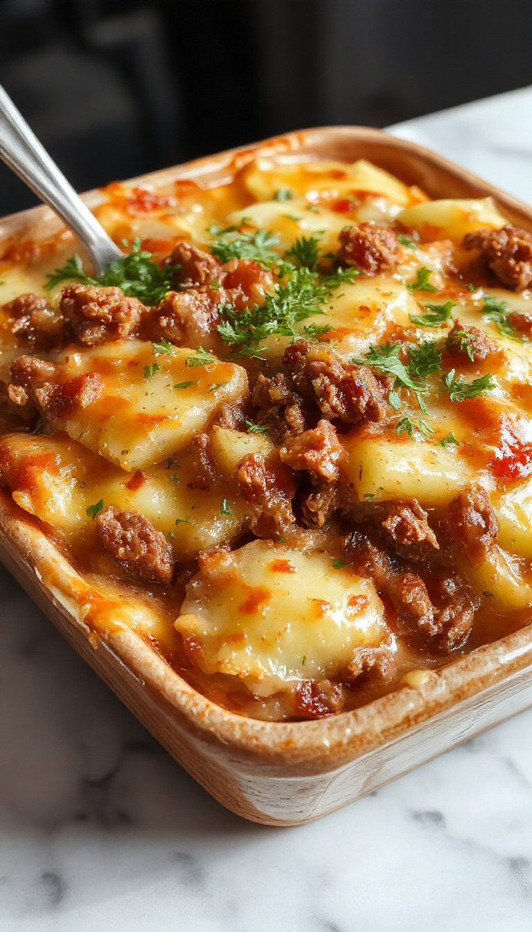 A rustic casserole dish filled with a golden-brown topping and savory chunks of ground beef and tender potatoes, garnished with fresh herbs. The dish is plated on a wooden surface, showcasing its hearty and comforting appearance with steam rising from the hot surface.