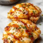 A close-up of golden-brown honey garlic chicken breasts glazed with a shiny sauce, garnished with minced garlic and fresh herbs, arranged on a white plate with a drizzle of sauce visible.