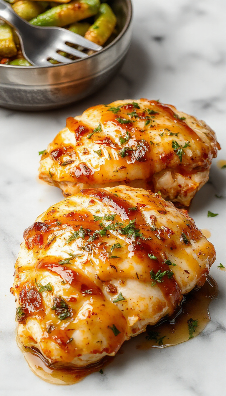 A close-up of golden-brown honey garlic chicken breasts glazed with a shiny sauce, garnished with minced garlic and fresh herbs, arranged on a white plate with a drizzle of sauce visible.
