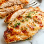 A perfectly baked chicken breast glazed with herbs and spices, sliced to reveal tender, juicy interior, styled on a rustic white plate garnished with fresh herbs, with a golden crust and steam gently rising, set against a backdrop of a warm wooden table and colorful side dishes.