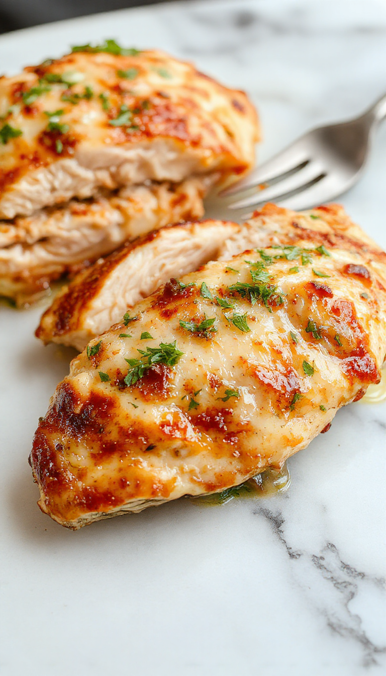A perfectly baked chicken breast glazed with herbs and spices, sliced to reveal tender, juicy interior, styled on a rustic white plate garnished with fresh herbs, with a golden crust and steam gently rising, set against a backdrop of a warm wooden table and colorful side dishes.