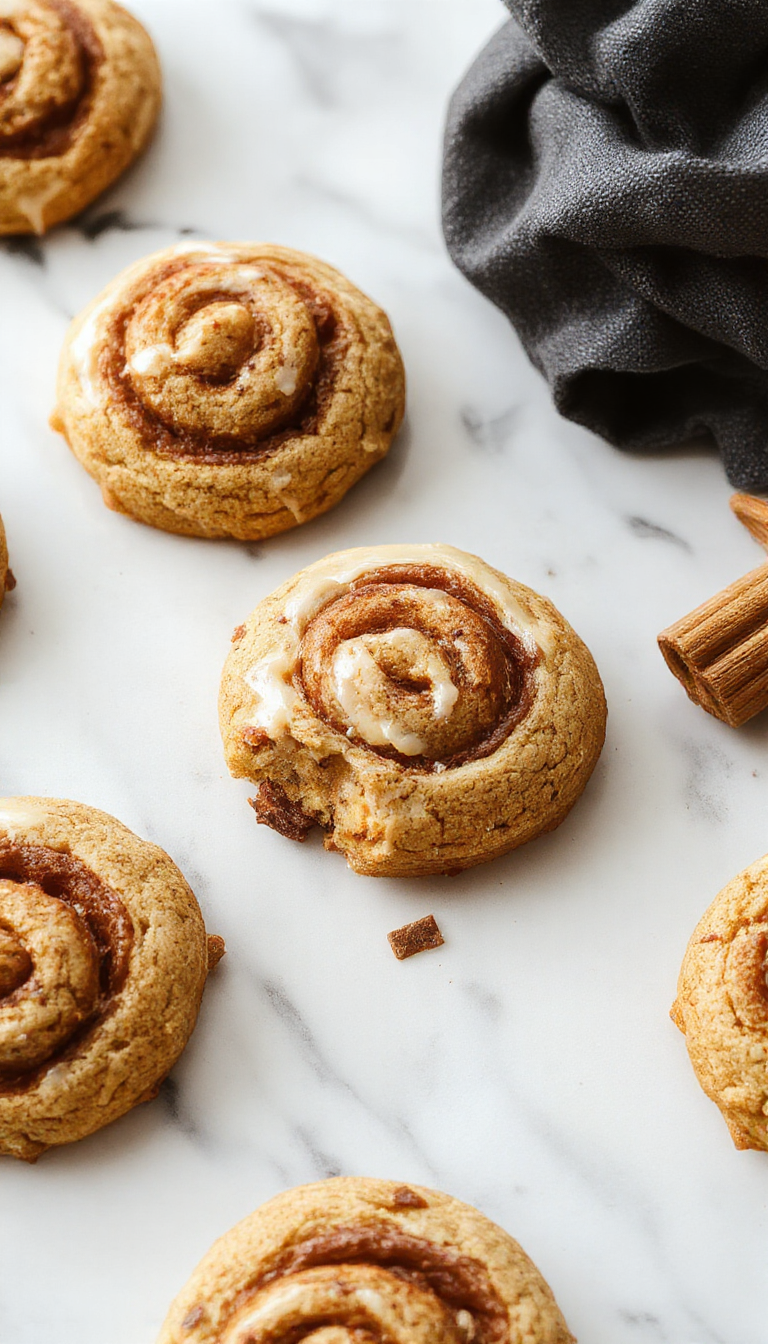 A close-up of golden-brown cinnamon roll cookies arranged on a rustic wooden platter. The cookies are swirled with cinnamon sugar and glisten slightly, showcasing their soft, flaky texture. Some cookies are topped with a light dusting of powdered sugar, with a few broken pieces revealing their tender interior. The background features a cozy setting with a warm cup of coffee and cinnamon sticks, enhancing the inviting atmosphere.