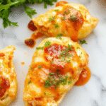 A close-up of creamy buffalo chicken stuffed shells arranged neatly on a white plate. The shells are topped with melted cheese and drizzled with a vibrant buffalo sauce, garnished with chopped green parsley. The background features a rustic wooden table with additional shells and ingredients softly blurred, highlighting the rich textures and colorful presentation.