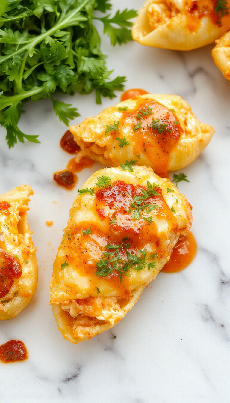A close-up of creamy buffalo chicken stuffed shells arranged neatly on a white plate. The shells are topped with melted cheese and drizzled with a vibrant buffalo sauce, garnished with chopped green parsley. The background features a rustic wooden table with additional shells and ingredients softly blurred, highlighting the rich textures and colorful presentation.