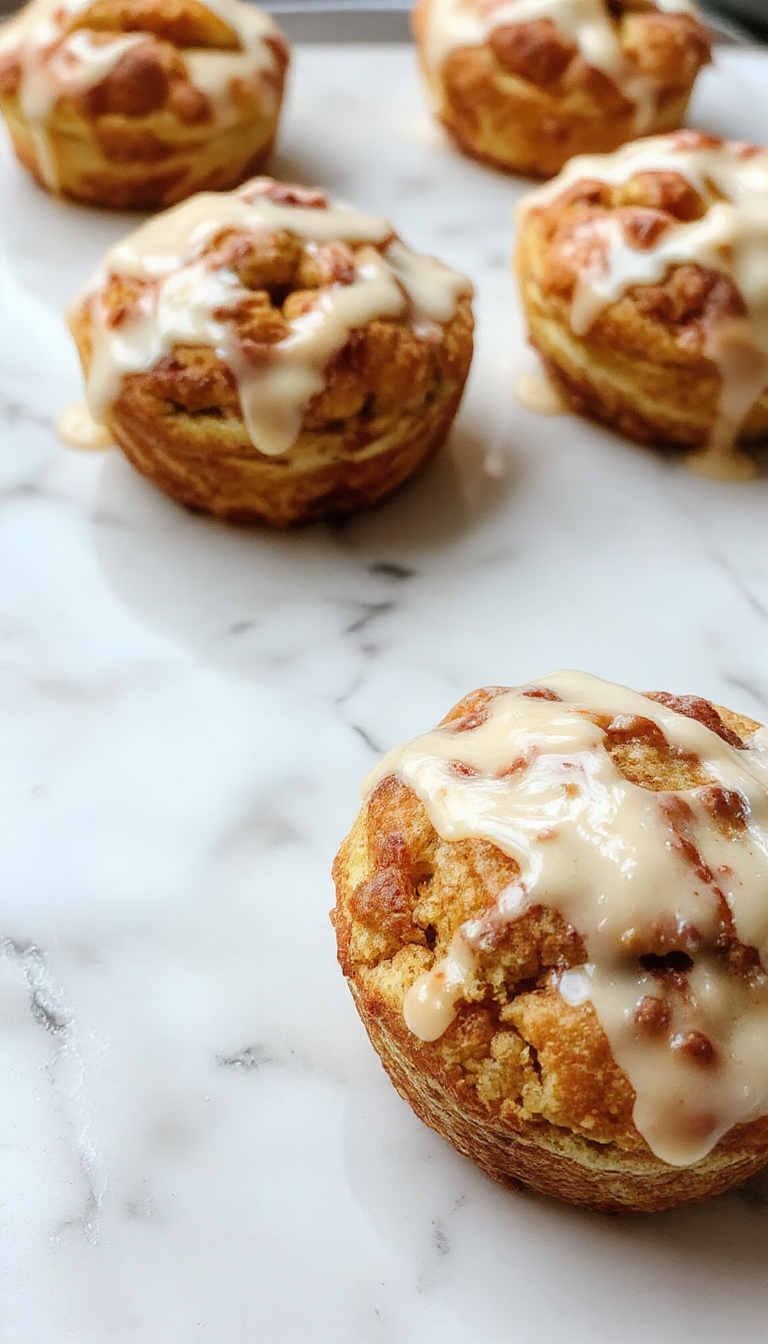 A close-up of golden-brown peach pie cruffins arranged in a circular pattern on a white plate, showcasing flaky crust, juicy peach filling peeking through the layers, and a dusting of powdered sugar on top.