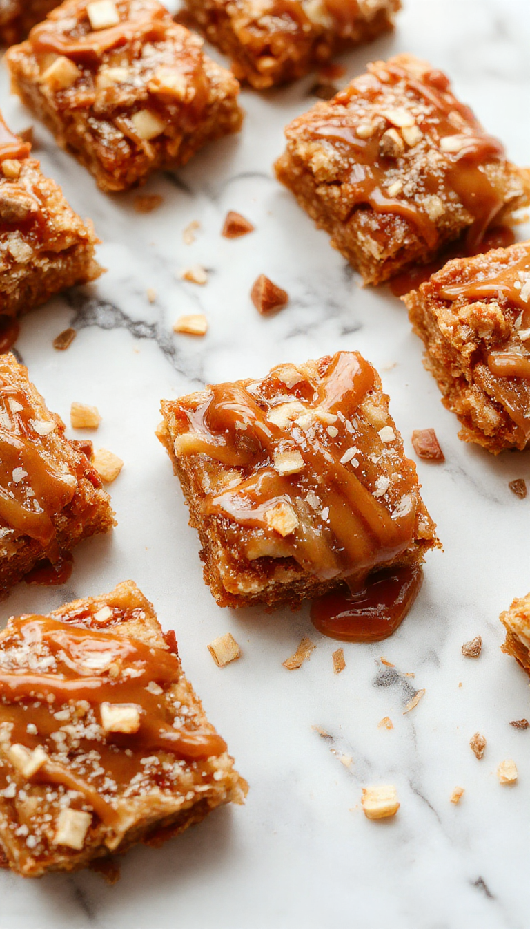 A close-up of salted caramel apple bars arranged on a rustic wooden platter. The bars have a golden-brown crust with a glossy caramel layer topped with thin apple slices. Some bars are sprinkled with coarse sea salt and chopped nuts, showcasing their inviting textures and rich colors. The background features fall-themed decorations with warm tones, enhancing the cozy, seasonal feel.