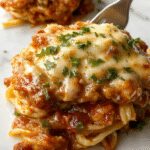 A close-up view of a casserole dish filled with creamy spaghetti topped with golden-brown melted cheese and shredded chicken, garnished with chopped fresh herbs, surrounded by a rustic wooden table with a fork resting on the side.