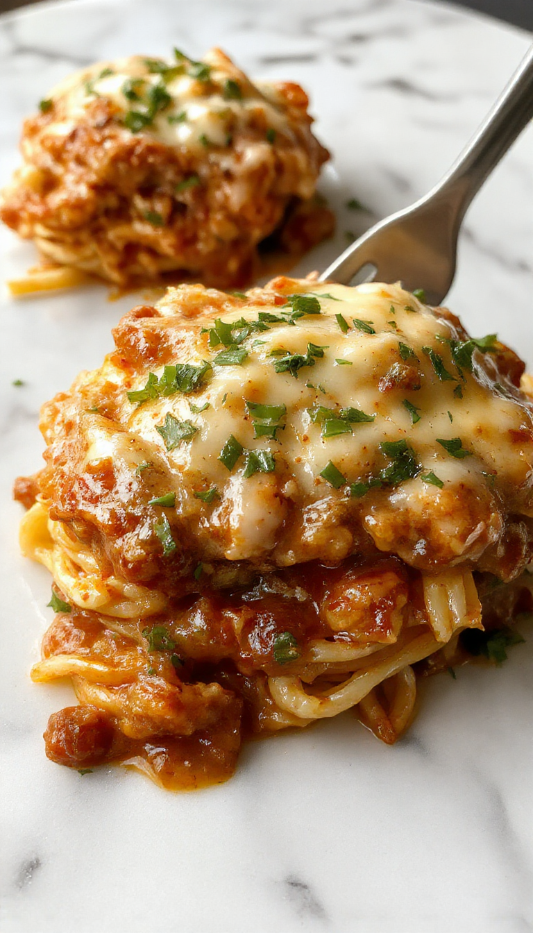 A close-up view of a casserole dish filled with creamy spaghetti topped with golden-brown melted cheese and shredded chicken, garnished with chopped fresh herbs, surrounded by a rustic wooden table with a fork resting on the side.