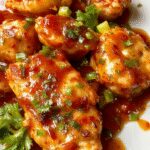 A vibrant plate featuring golden-brown crispy chicken pieces glazed with glossy, bright red sweet chili sauce. Garnished with chopped green onions and sesame seeds, the dish is presented on a white ceramic plate with a background of fresh vegetables and a drizzle of sauce around the edges, highlighting its appetizing texture and colorful appearance.