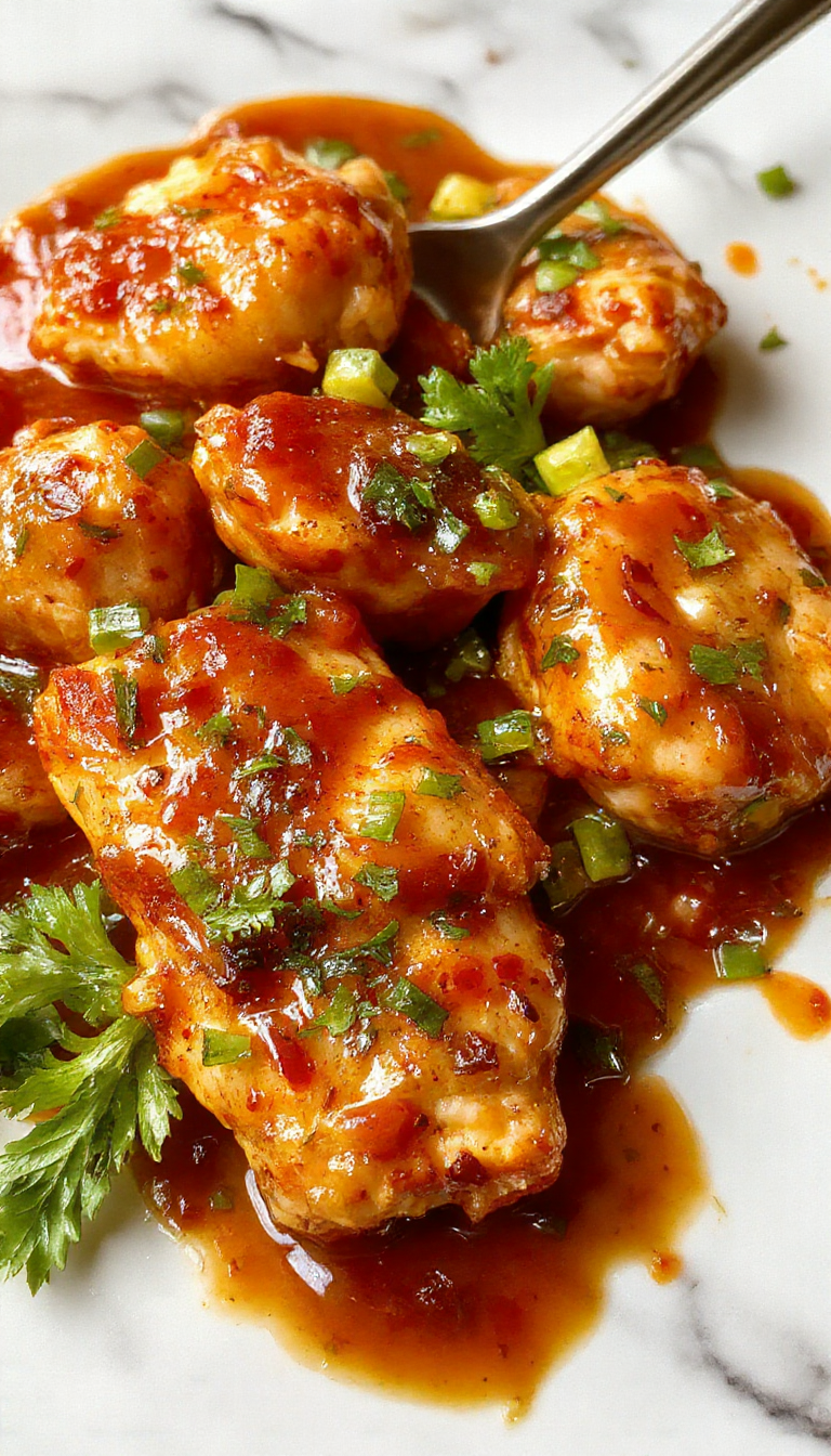 A vibrant plate featuring golden-brown crispy chicken pieces glazed with glossy, bright red sweet chili sauce. Garnished with chopped green onions and sesame seeds, the dish is presented on a white ceramic plate with a background of fresh vegetables and a drizzle of sauce around the edges, highlighting its appetizing texture and colorful appearance.