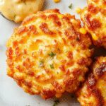 Golden-brown cheesy corn fritters arranged on a white plate with a crispy exterior visible, garnished with fresh herbs, and served alongside a dipping sauce. The fritters have an irregular, rustic shape with flecks of corn and melted cheese visible inside, creating an inviting and appetizing presentation.