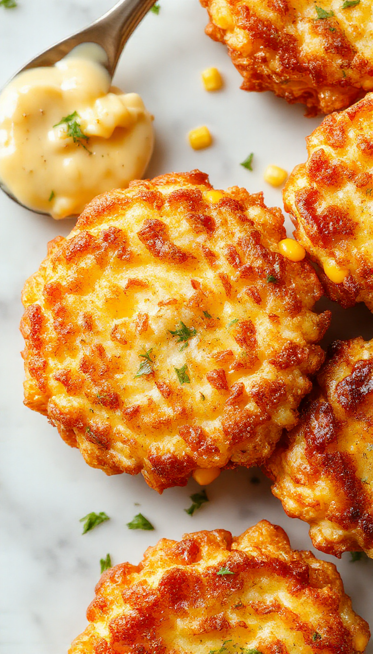 Golden-brown cheesy corn fritters arranged on a white plate with a crispy exterior visible, garnished with fresh herbs, and served alongside a dipping sauce. The fritters have an irregular, rustic shape with flecks of corn and melted cheese visible inside, creating an inviting and appetizing presentation.
