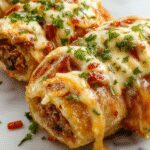 Golden-brown keto Philly cheesesteak rolls sliced in half, revealing melted cheese, thinly sliced beef, and sautéed peppers inside, presented on a rustic wooden board with fresh herbs garnishing the top