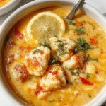 A steaming bowl of Lemon Chicken Orzo Soup garnished with fresh herbs, featuring tender chicken pieces, bright yellow lemon slices, and perfectly cooked orzo pasta, with a vibrant broth and a sprig of parsley on top.