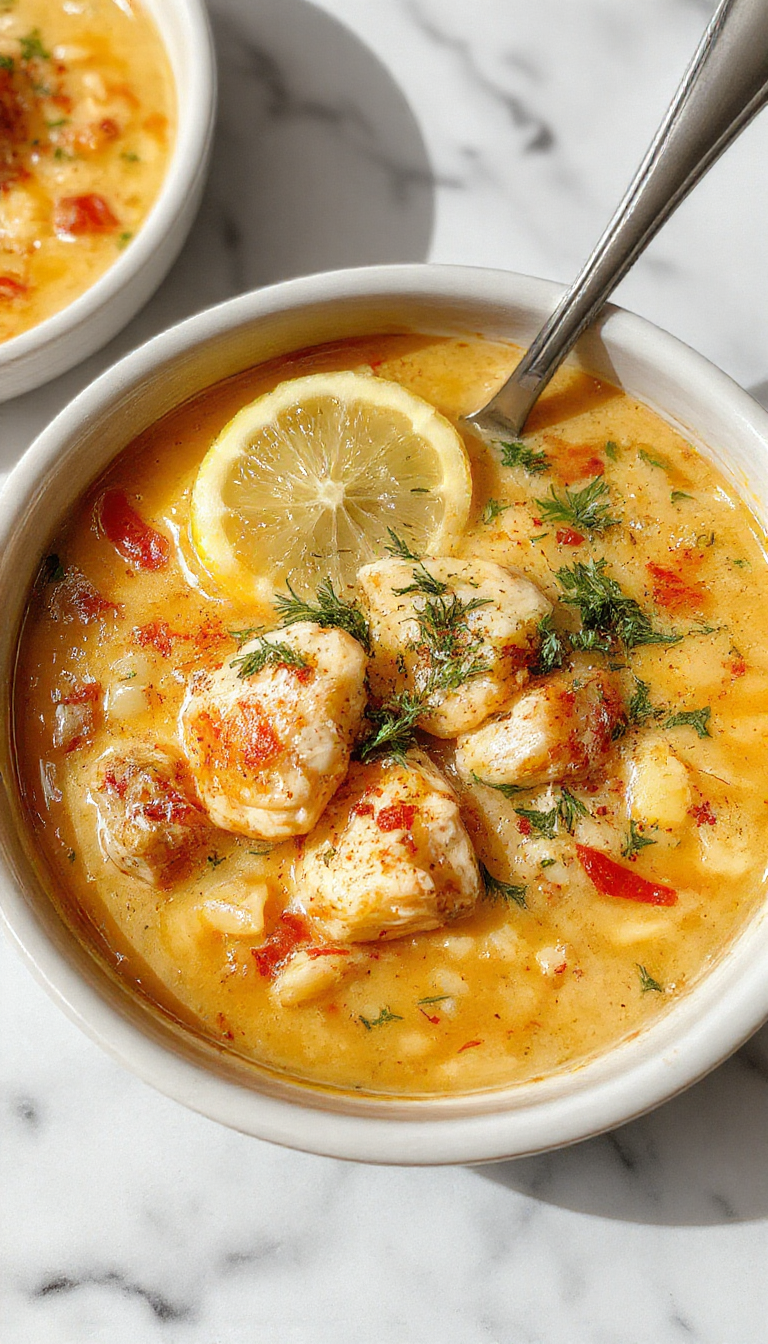A steaming bowl of Lemon Chicken Orzo Soup garnished with fresh herbs, featuring tender chicken pieces, bright yellow lemon slices, and perfectly cooked orzo pasta, with a vibrant broth and a sprig of parsley on top.