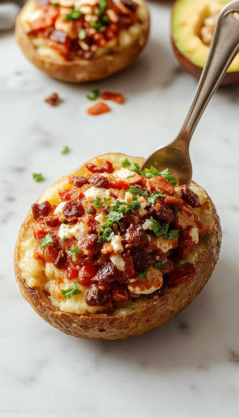 A vibrant loaded potato taco bowl featuring crispy roasted potato chunks topped with freshly diced tomatoes, shredded lettuce, melted cheese, and tangy sour cream, all arranged in a rustic bowl garnished with chopped cilantro and lime wedges, highlighting a colorful and inviting presentation.