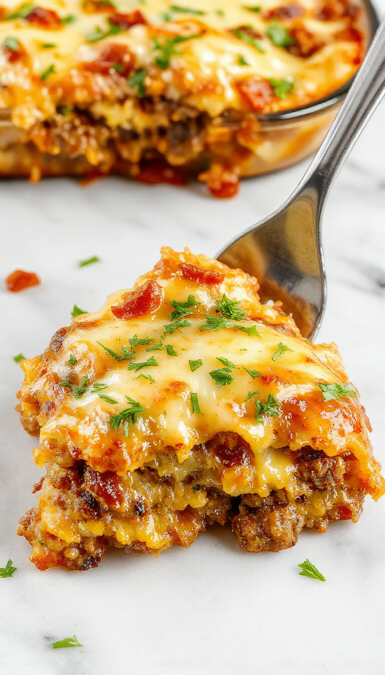 A baked casserole dish featuring layers of ground beef topped with crispy bacon and melted cheese. The golden-brown cheese crust surrounds the savory beef mixture, garnished with fresh chopped herbs, and served in an oval ceramic dish placed on a rustic wooden table.