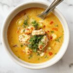 A steaming bowl of low carb crack chicken soup topped with shredded chicken, chopped green onions, and melted cheese, served in a rustic white bowl on a wooden surface with a side of fresh herbs and crackled pepper.