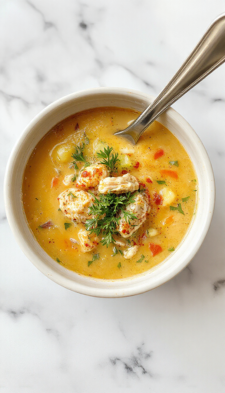 A steaming bowl of low carb crack chicken soup topped with shredded chicken, chopped green onions, and melted cheese, served in a rustic white bowl on a wooden surface with a side of fresh herbs and crackled pepper.
