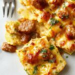 A golden-baked casserole dish topped with sliced zucchini and crumbled sausage, garnished with fresh herbs. The casserole has a crispy, cheesy crust with visible chunks of sausage and tender zucchini slices arranged invitingly on a rustic ceramic plate
