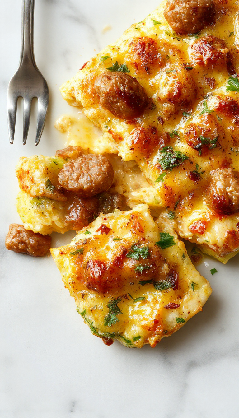 A golden-baked casserole dish topped with sliced zucchini and crumbled sausage, garnished with fresh herbs. The casserole has a crispy, cheesy crust with visible chunks of sausage and tender zucchini slices arranged invitingly on a rustic ceramic plate