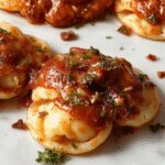 A close-up of a vibrant bowl of Marry Me Tortellini showcasing golden, plump tortellini pasta coated in a glossy, herb-infused sauce, garnished with fresh basil leaves and grated Parmesan on a rustic wooden table
