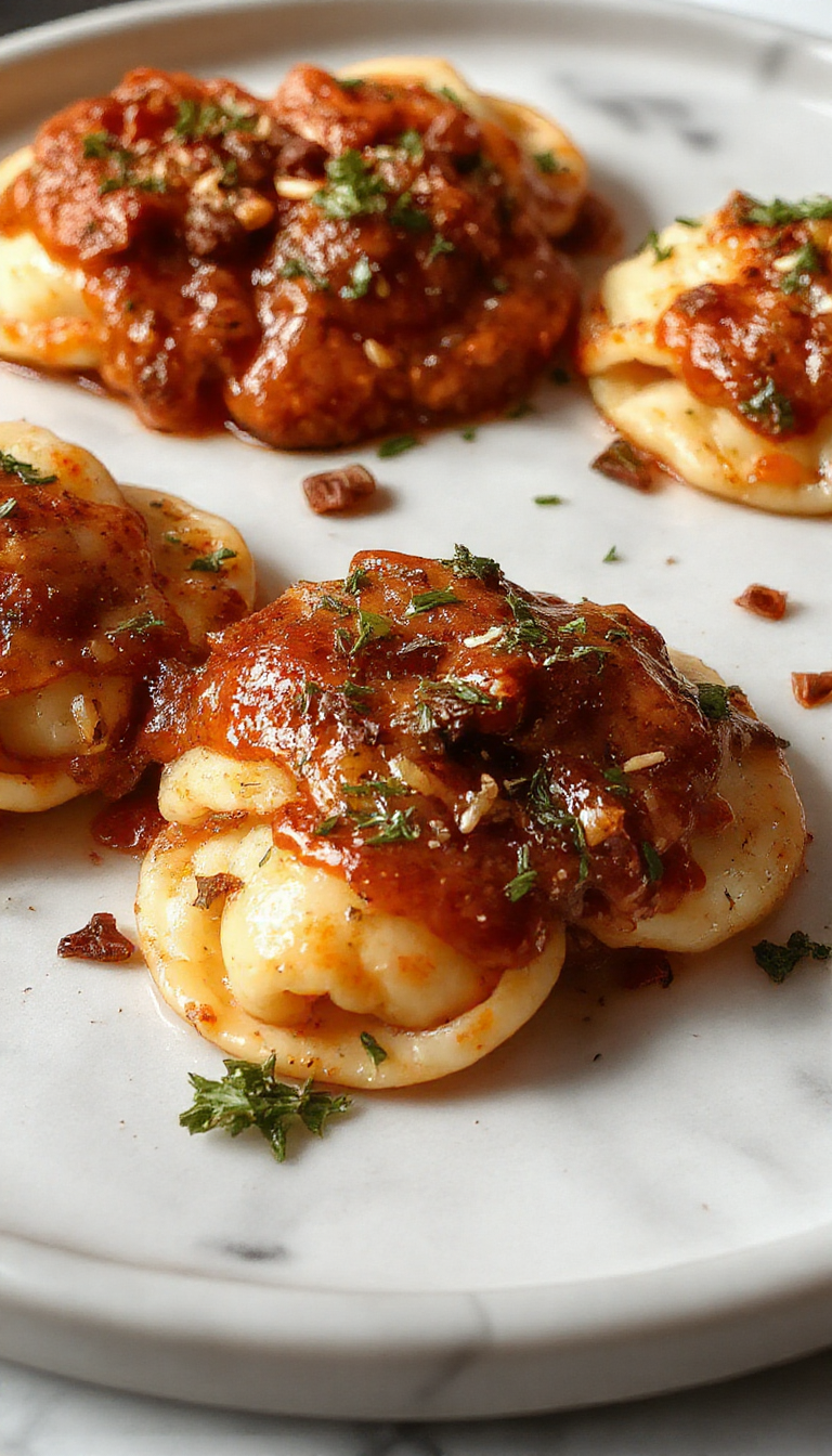 A close-up of a vibrant bowl of Marry Me Tortellini showcasing golden, plump tortellini pasta coated in a glossy, herb-infused sauce, garnished with fresh basil leaves and grated Parmesan on a rustic wooden table