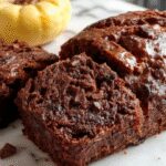 A sliced loaf of moist chocolate pumpkin bread on a rustic wooden surface, revealing its rich dark chocolate swirls and vibrant orange pumpkin core, topped with a light dusting of powdered sugar and scattered chocolate chips. The bread's texture appears soft and tender with a slightly crumbly crust, complemented by a few chunks of chocolate embedded throughout. In the background, a warm, ambient kitchen setting enhances the inviting presentation.