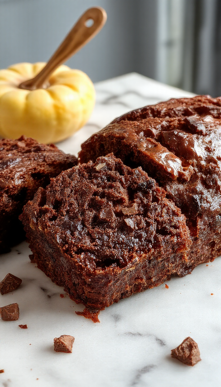 A sliced loaf of moist chocolate pumpkin bread on a rustic wooden surface, revealing its rich dark chocolate swirls and vibrant orange pumpkin core, topped with a light dusting of powdered sugar and scattered chocolate chips. The bread's texture appears soft and tender with a slightly crumbly crust, complemented by a few chunks of chocolate embedded throughout. In the background, a warm, ambient kitchen setting enhances the inviting presentation.