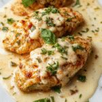 A close-up of a sliced mozzarella chicken breast topped with fresh basil leaves, drizzled with a creamy basil sauce. The dish is plated on a white ceramic plate with a rustic wooden background, showcasing the melted cheese and vibrant green basil for a delicious and inviting presentation.
