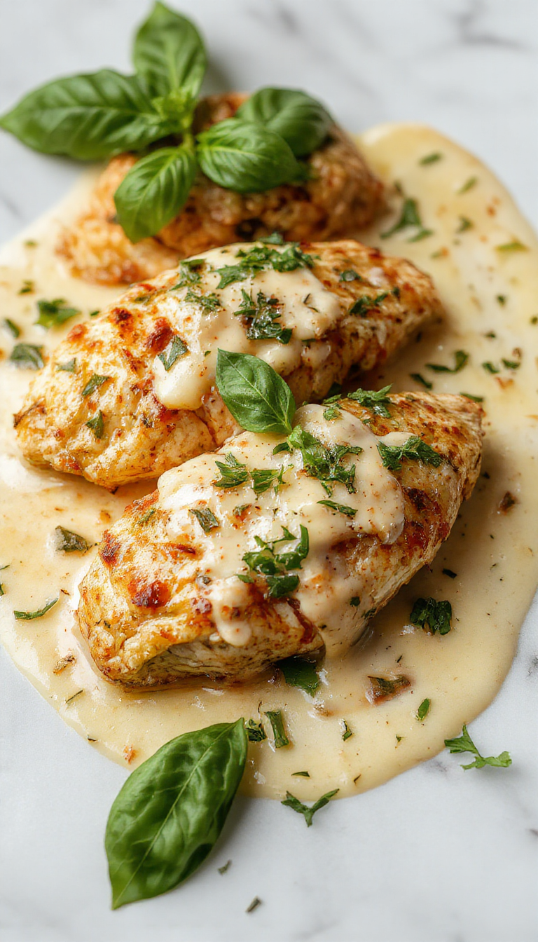 A close-up of a sliced mozzarella chicken breast topped with fresh basil leaves, drizzled with a creamy basil sauce. The dish is plated on a white ceramic plate with a rustic wooden background, showcasing the melted cheese and vibrant green basil for a delicious and inviting presentation.