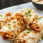 Close-up of a golden-brown chicken wrap sliced open to reveal gooey melted cheese, crispy garlic chicken pieces, and fresh greens inside a warm tortilla, plated on a rustic wooden surface with a drizzle of sauce and garnished with herbs.
