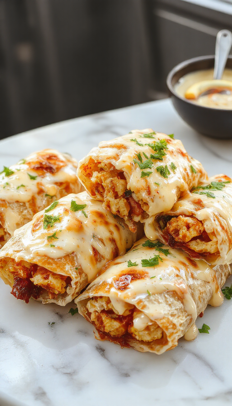 Close-up of a golden-brown chicken wrap sliced open to reveal gooey melted cheese, crispy garlic chicken pieces, and fresh greens inside a warm tortilla, plated on a rustic wooden surface with a drizzle of sauce and garnished with herbs.