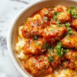 A vibrant plate of homemade butter chicken featuring tender grilled chicken pieces coated in a rich, creamy orange sauce, garnished with fresh cilantro and served alongside fluffy basmati rice. The dish is presented on a rustic white plate with a drizzle of sauce and colorful spices sprinkled around.