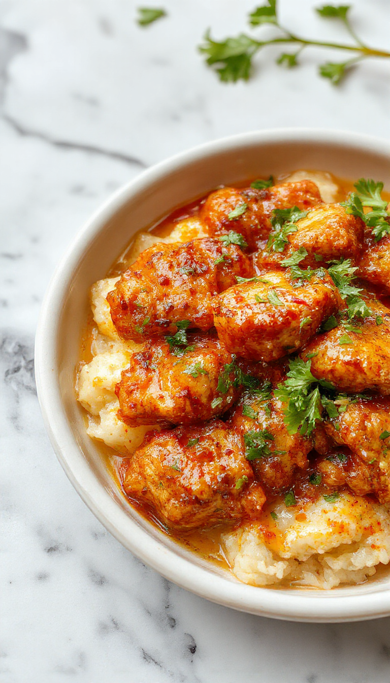 A vibrant plate of homemade butter chicken featuring tender grilled chicken pieces coated in a rich, creamy orange sauce, garnished with fresh cilantro and served alongside fluffy basmati rice. The dish is presented on a rustic white plate with a drizzle of sauce and colorful spices sprinkled around.